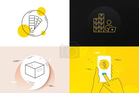 Téléchargez les illustrations : Minimal set of Palette, Inventory and Office box line icons. Phone screen, Quote banners. Building warning icons. For web development. Color pantone, Goods operator, Delivery box. Vector - en licence libre de droit