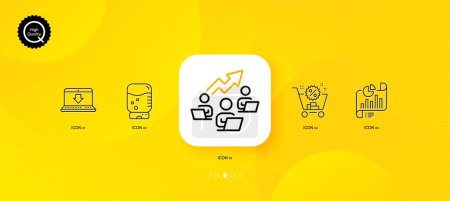 Illustration for Report document, Teamwork chart and Internet downloading minimal line icons. Yellow abstract background. Shopping cart, Water cooler icons. For web, application, printing. Vector - Royalty Free Image