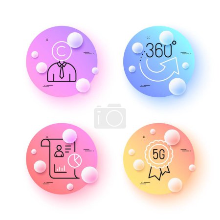 Illustration for Copyrighter, 360 degrees and Report minimal line icons. 3d spheres or balls buttons. 5g technology icons. For web, application, printing. Writer person, Full rotation, Work statistics. Vector - Royalty Free Image