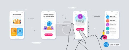 Téléchargez les illustrations : Outline set of Salary employees, Hold t-shirt and Refrigerator line icons for web application. Phone ui interface. Include Ferris wheel, Puzzle, Augmented reality icons. Vector - en licence libre de droit