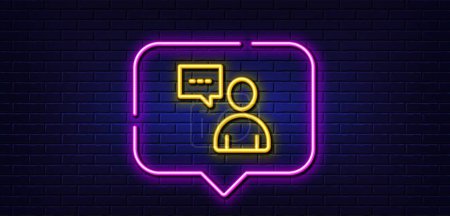 Illustration for Neon light speech bubble. User communication line icon. Person with chat speech bubble sign. Human silhouette symbol. Neon light background. Users chat glow line. Brick wall banner. Vector - Royalty Free Image