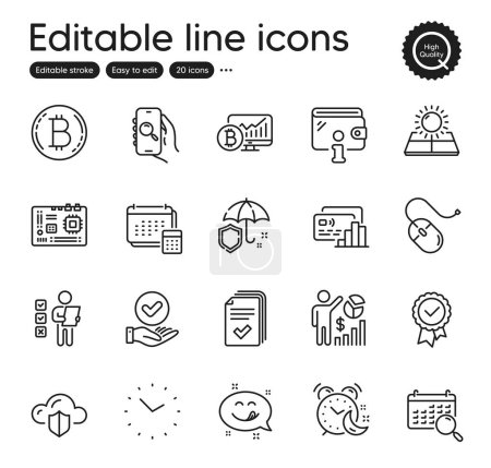 Illustration for Set of Technology outline icons. Contains icons as Time, Approved checkbox and Card elements. Search app, Handout, Search calendar web signs. Umbrella, Tested stamp, Voting ballot elements. Vector - Royalty Free Image