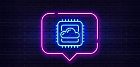 Illustration for Neon light speech bubble. Cloud computing cpu line icon. Internet data storage sign. File hosting technology symbol. Neon light background. Cloud computing glow line. Brick wall banner. Vector - Royalty Free Image