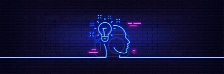 Illustration for Neon light glow effect. Idea line icon. Human head with light bulb sign. Inspiration symbol. 3d line neon glow icon. Brick wall banner. Idea outline. Vector - Royalty Free Image