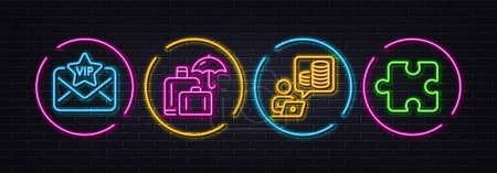Téléchargez les illustrations : Budget accounting, Vip mail and Luggage insurance minimal line icons. Neon laser 3d lights. Puzzle icons. For web, application, printing. Financial trade, Exclusive privilege, Baggage secure. Vector - en licence libre de droit