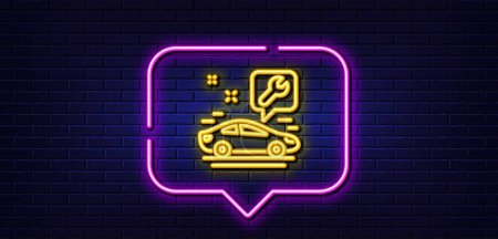 Illustration for Neon light speech bubble. Spanner tool line icon. Car repair service sign. Fix instruments symbol. Neon light background. Car service glow line. Brick wall banner. Vector - Royalty Free Image