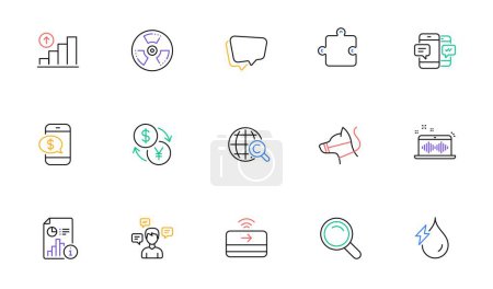 Ilustración de Currency exchange, Conversation messages and Graph chart line icons for website, printing. Collection of Hydroelectricity, Phone payment, Smartphone sms icons. Search. Vector - Imagen libre de derechos