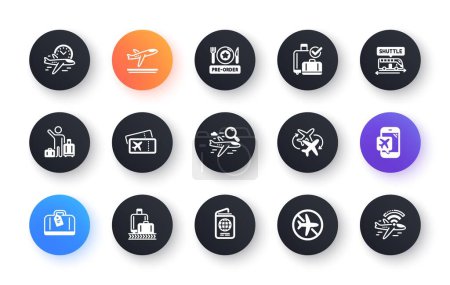 Illustration for Airport icons set. Boarding pass, Baggage claim, Departure. Connecting flight, tickets, pre-order food icons. Passport control, airport baggage carousel, inflight wifi. Circle web buttons. Vector - Royalty Free Image