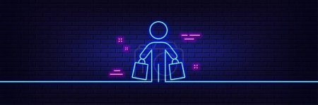Illustration for Neon light glow effect. Buyer with shopping bags line icon. Customer sign. Supermarket client symbol. 3d line neon glow icon. Brick wall banner. Buyer outline. Vector - Royalty Free Image
