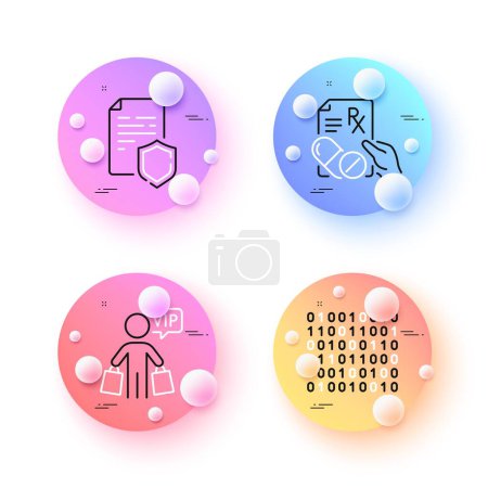 Ilustración de Data security, Binary code and Vip shopping minimal line icons. 3d spheres or balls buttons. Prescription drugs icons. For web, application, printing. Vector - Imagen libre de derechos