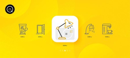 Illustration for Table lamp, Open door and Coffee machine minimal line icons. Yellow abstract background. Mint leaves, Stand lamp icons. For web, application, printing. Vector - Royalty Free Image