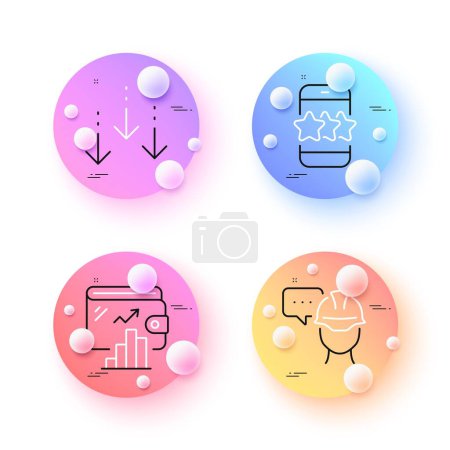 Téléchargez les illustrations : Foreman, Star and Scroll down minimal line icons. 3d spheres or balls buttons. Wallet icons. For web, application, printing. Engineer person, Phone feedback, Swipe screen. Money account. Vector - en licence libre de droit