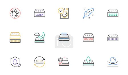 Illustration for Mattress line icons set. Memory foam, pillow, latex. Breathable, washable, bed tick icons. Light weight, natural material, pocket sprung mattress. Bed mite, antiallergic latex. Vector - Royalty Free Image