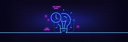 Ilustración de Neon light glow effect. Time management line icon. Idea lightbulb sign. Clock symbol. 3d line neon glow icon. Brick wall banner. Time management outline. Vector - Imagen libre de derechos