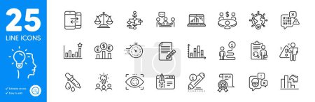 Téléchargez les illustrations : Outline icons set. Edit, Idea and Start business icons. Certificate, Timer, Search employee web elements. Chemistry pipette, Article, Cyber attack signs. People chatting, Justice scales. Vector - en licence libre de droit