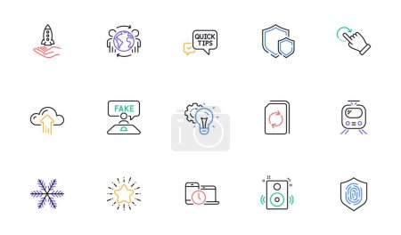 Illustration for Fake review, Shields and Rotation gesture line icons for website, printing. Collection of Idea gear, Speakers, Train icons. Cloud upload, Global business, Time management web elements. Vector - Royalty Free Image