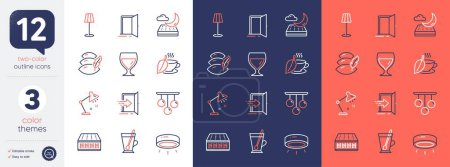 Illustration for Set of Floor lamp, Open door and Tea mug line icons. Include Wine glass, Ceiling lamp, Entrance icons. Mattress, Night mattress, Pillow web elements. Mint tea. For web, application. Entrance. Vector - Royalty Free Image