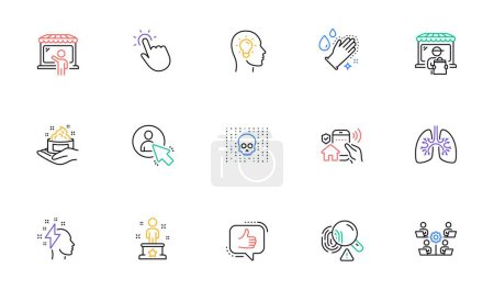 Téléchargez les illustrations : Fingerprint, Success and Skin care line icons for website, printing. Collection of Delivery market, Washing hands, Market seller icons. Teamwork, Cyber attack, Touchpoint web elements. Vector - en licence libre de droit