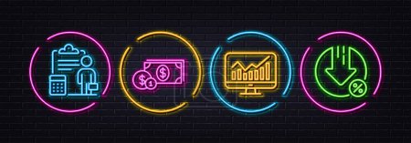 Illustration for Statistics, Dollar money and Accounting minimal line icons. Neon laser 3d lights. Loan percent icons. For web, application, printing. Financial report, Cash with coins, Report clipboard. Vector - Royalty Free Image