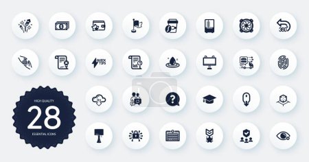 Illustration for Set of Business icons, such as Helping hand, Question mark and Fingerprint flat icons. Table lamp, 360 degrees, Winner medal web elements. Fuel energy, Cloud download, Computer fan signs. Vector - Royalty Free Image