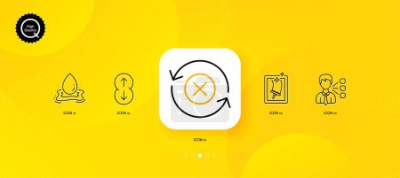 Ilustración de Water splash, Reject refresh and Window cleaning minimal line icons. Yellow abstract background. Scroll down, Third party icons. For web, application, printing. Vector - Imagen libre de derechos