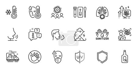 Illustration for Outline set of Uv protection, Do not touch and Stress grows line icons for web application. Talk, information, delivery truck outline icon. Include Medical mask, Shield, Covid test icons. Vector - Royalty Free Image