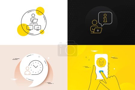 Illustration for Minimal set of Work home, Time management and Interview line icons. Phone screen, Quote banners. Health skin icons. For web development. Freelance work, Online meeting, Clean face. Vector - Royalty Free Image