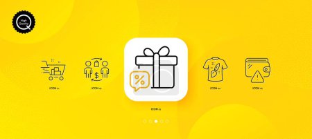 Téléchargez les illustrations : Buying process, Wallet and Sale gift minimal line icons. Yellow abstract background. T-shirt design, Shopping cart icons. For web, application, printing. Vector - en licence libre de droit