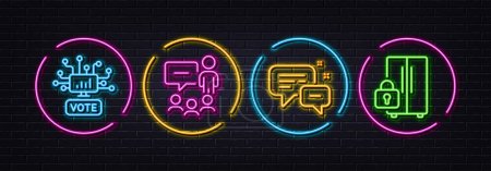 Illustration for Employees messenger, Online voting and People chatting minimal line icons. Neon laser 3d lights. Refrigerator icons. For web, application, printing. Speech bubble, Web campaign, Conference. Vector - Royalty Free Image