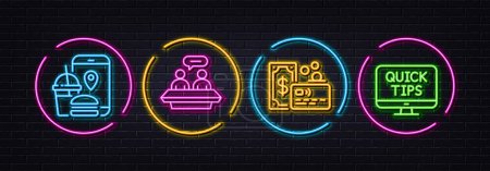Illustration for Card, Food app and Employees talk minimal line icons. Neon laser 3d lights. Web tutorials icons. For web, application, printing. Bank payment, Meal order, Collaboration. Quick tips. Vector - Royalty Free Image