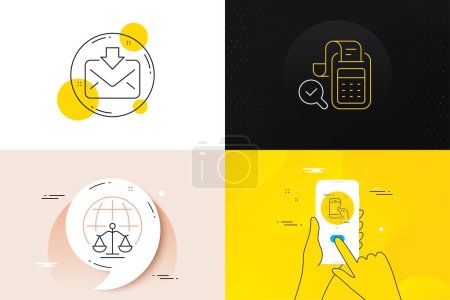 Téléchargez les illustrations : Minimal set of Magistrates court, Scroll down and Incoming mail line icons. Phone screen, Quote banners. Bill accounting icons. For web development. Vector - en licence libre de droit