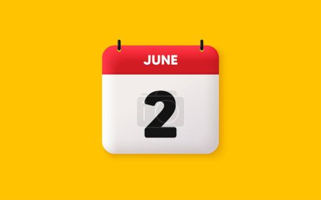Illustration for Calendar date 3d icon. 2nd day of the month icon. Event schedule date. Meeting appointment time. Agenda plan, June month schedule 3d calendar and Time planner. 2nd day day reminder. Vector - Royalty Free Image