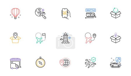 Ilustración de Get box, Airplane and Delivery truck line icons for website, printing. Collection of Lighthouse, Search flight, Destination flag icons. Return package, Flight insurance. Vector - Imagen libre de derechos