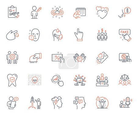 Illustration for People icons set. Included icon as Cyber attack, Recruitment and Mindfulness stress web elements. Fake information, Donate, Fitness calendar icons. Messages, Social distance. Vector - Royalty Free Image