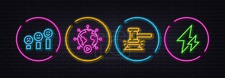 Illustration for Customer satisfaction, Video conference and Judge hammer minimal line icons. Neon laser 3d lights. Electricity icons. For web, application, printing. Vector - Royalty Free Image