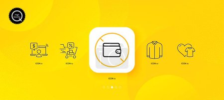 Téléchargez les illustrations : Clothing, Online shopping and Shirt minimal line icons. Yellow abstract background. Wallet, Discounts cart icons. For web, application, printing. Donate shirt, Internet buying, Casual wear. Vector - en licence libre de droit