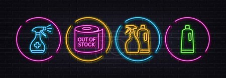 Illustration for Medical cleaning, Toilet paper and Shampoo and spray minimal line icons. Neon laser 3d lights. Shampoo icons. For web, application, printing. Sanitizer spray, Tissue roll, Washing liquids. Vector - Royalty Free Image