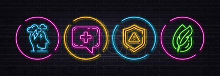 Ilustración de Shield, Medical chat and Stress minimal line icons. Neon laser 3d lights. Hypoallergenic tested icons. For web, application, printing. Safe secure, Medicine help, Mind anxiety. Feather. Vector - Imagen libre de derechos