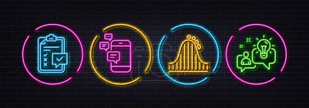 Illustration for Checklist, Roller coaster and Communication minimal line icons. Neon laser 3d lights. Idea icons. For web, application, printing. Survey, Attraction park, Smartphone messages. Solution. Vector - Royalty Free Image