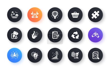 Illustration for Minimal set of Survey checklist, Parking security and Recycle flat icons for web development. Bitcoin graph, Jazz, Fingerprint research icons. Idea gear, Clapping hands, Puzzle web elements. Vector - Royalty Free Image