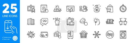 Téléchargez les illustrations : Outline icons set. Buying accessory, Augmented reality and Idea icons. Solar panels, Buildings, Air conditioning web elements. Coal trolley, Scroll down, Opinion signs. Move gesture. Vector - en licence libre de droit