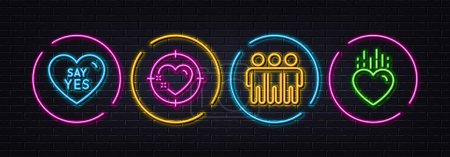 Illustration for Say yes, Friendship and Heart target minimal line icons. Neon laser 3d lights. Heart icons. For web, application, printing. Wedding, Trust friends, Love aim. Love. Neon lights buttons. Vector - Royalty Free Image