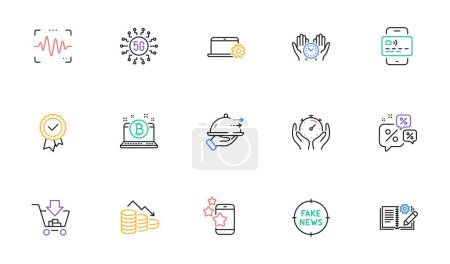 Illustration for Notebook service, Safe time and Food delivery line icons for website, printing. Collection of Tested stamp, Engineering documentation, Best app icons. 5g technology, Bitcoin. Vector - Royalty Free Image