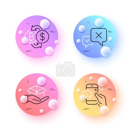 Ilustración de Bitcoin exchange, Hold box and Reject minimal line icons. 3d spheres or balls buttons. Call center icons. For web, application, printing. Cryptocurrency change, Delivery parcel, Delete message. Vector - Imagen libre de derechos