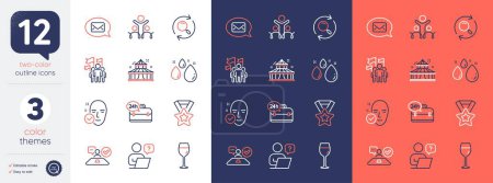 Illustration for Set of Messenger, Leadership and Online question line icons. Include Water drop, Health skin, 24h service icons. Wine glass, Search, Job interview web elements. Inclusion, Circus. Vector - Royalty Free Image