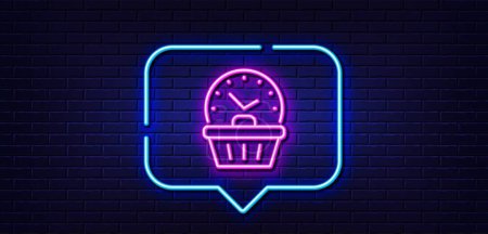 Illustration for Neon light speech bubble. Last minute sale line icon. Shopping opening hours sign. Supermarket time symbol. Neon light background. Last minute glow line. Brick wall banner. Vector - Royalty Free Image