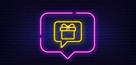 Illustration for Neon light speech bubble. Dreaming of Gift line icon. Present box sign. Birthday Shopping symbol. Package in Gift Wrap. Neon light background. Wish list glow line. Brick wall banner. Vector - Royalty Free Image