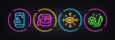 Illustration for Warning message, Parcel delivery and Brush minimal line icons. Neon laser 3d lights. Engineering icons. For web, application, printing. Important notification, Logistics service, Art brush. Vector - Royalty Free Image