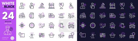 Téléchargez les illustrations : Send box, Flights application and Fragile package line icons for website, printing. Collection of Journey, Search flight, Lighthouse icons. Car, Disability, Roller coaster web elements. Vector - en licence libre de droit