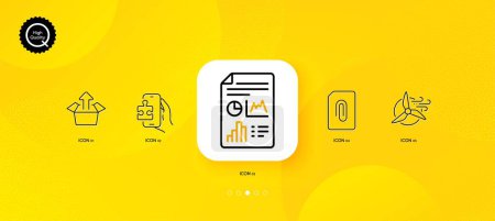 Illustration for Send box, Puzzle game and Windmill turbine minimal line icons. Yellow abstract background. Attachment, Report document icons. For web, application, printing. Vector - Royalty Free Image